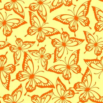 Seamless pattern of orange contours of butterflies on a yellow background Illustrazione stock