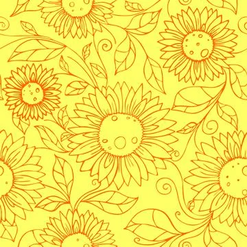 Seamless pattern of orange contours of flowers on a yellow background Stock-Illustration