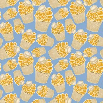 Seamless pattern of orange cupcakes with caramel macaroon on a blue backgroun Stock Illustration