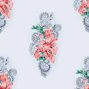 Seamless pattern of orange freesia on a white background. Stock Illustration