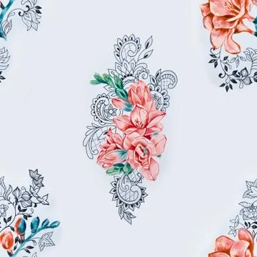 Seamless pattern of orange freesia on a white background. Stock Illustration