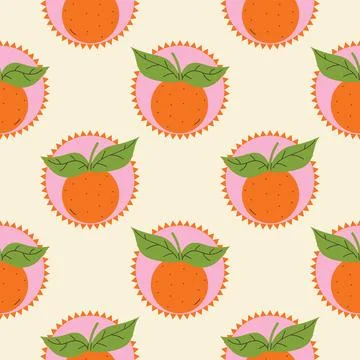 Seamless pattern with orange fruit and green leaf stickers in cartoon flat .. Illustrazione stock