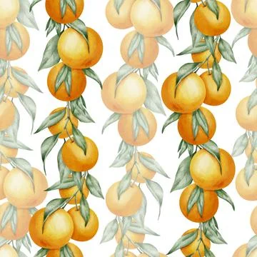 Seamless Pattern with Orange Fruit Branches, green leaves. Hand drawn watercolor Stock Illustration