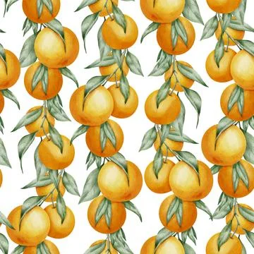 Seamless Pattern with Orange Fruit Branches, green leaves. Hand drawn watercolor Illustrazione stock