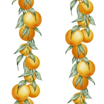 Seamless Pattern with Orange Fruit Branches, green leaves. Hand drawn watercolor Stock Illustration