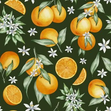 Seamless Pattern with Orange Fruit Branches, green leaves and flowers. Hand Stock Illustration