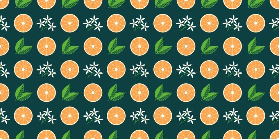 Seamless pattern with orange fruit slice, white flower bloom and green foliag Stock Illustration