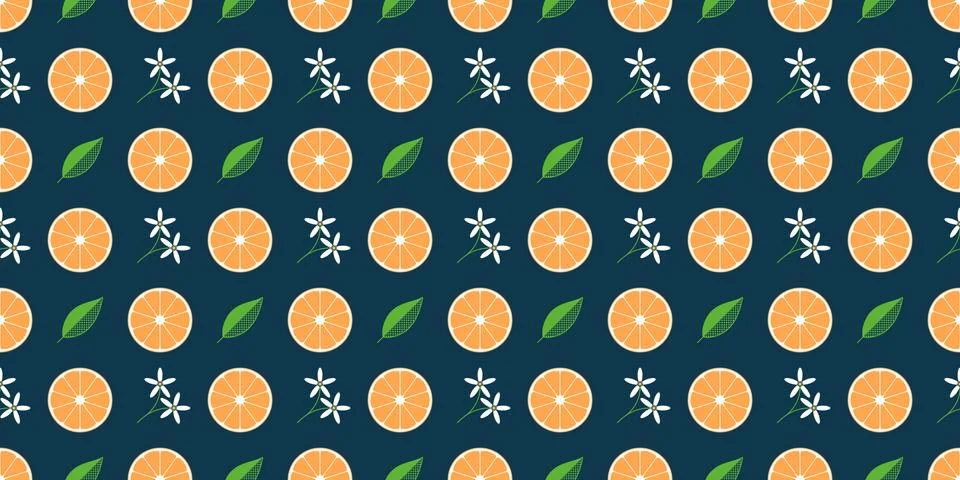 Seamless pattern with orange fruit slice, white flowers and green leaf. Tropi Stock Illustration