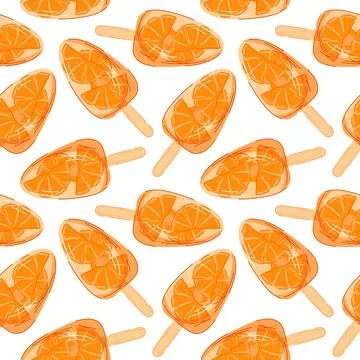 Seamless pattern of orange fruit slice popsicle in cartoon style. Perfect for Stock Illustration