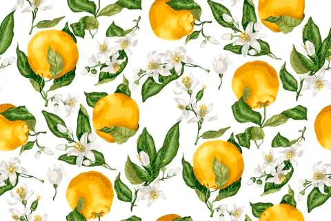 Seamless pattern with orange fruit tree branches, fruits and flowers, buds an Stock Illustration
