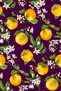 Seamless pattern with orange fruit tree branches, fruits and flowers, buds an Stock Illustration