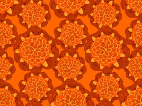 Seamless pattern, orange geometric marigold flowers, in a simple pattern on an Stock Illustration