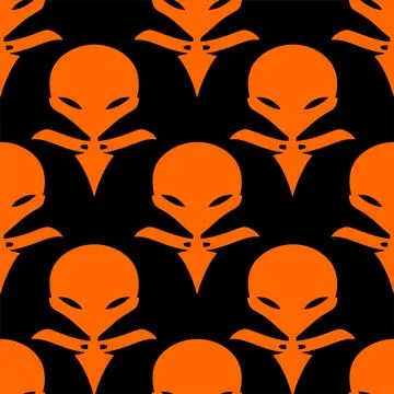 Seamless pattern orange graphic aliens on black background, texture, design Stock Illustration