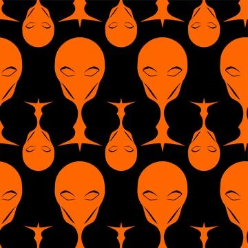 Seamless pattern orange graphic aliens on black background, texture, design 스톡 일러스트
