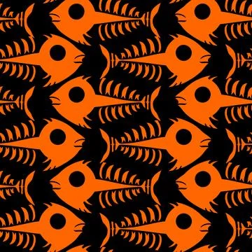Seamless pattern of orange graphic fish skeletons on a black background, te.. 스톡 일러스트