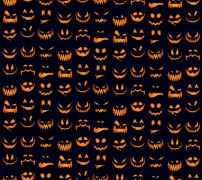 Seamless pattern with orange halloween pumpkins carved faces silhouettes. Stock Illustration