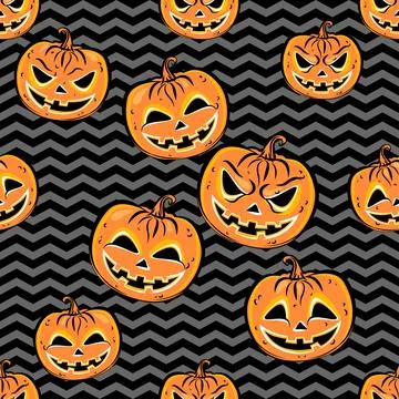 Seamless pattern with orange halloween pumpkins on dark striped background. Stock Illustration