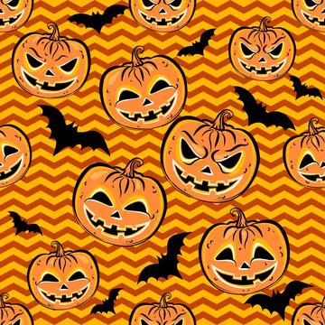 Seamless pattern with orange halloween pumpkins and bat on yellow background. Illustrazione stock