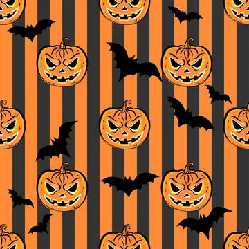 Seamless pattern with orange halloween pumpkins and bat on striped background Stock Illustration