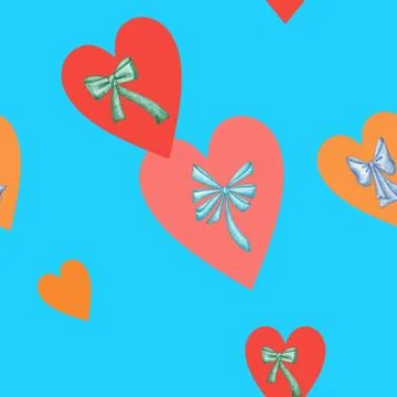Seamless pattern orange hearts on a blue background with bows Stock Illustration