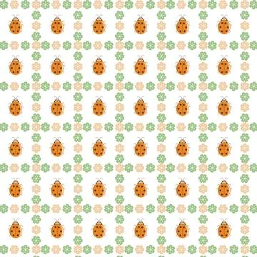 Seamless pattern with orange ladybugs and green flowers squares Stock Illustration