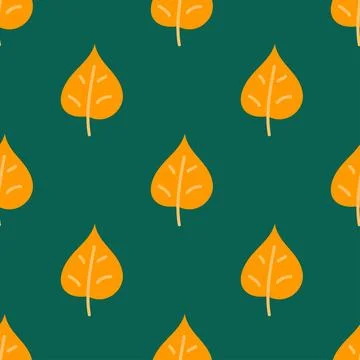 Seamless pattern of orange leaves on a green background. Stock Illustration