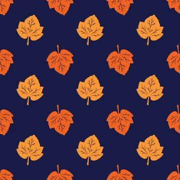 Seamless pattern from orange leaves on a navy blue background. Autumn leaf fa Stock Illustration