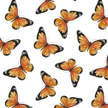 Seamless pattern of orange monarch butterflies on a white background Stock Illustration