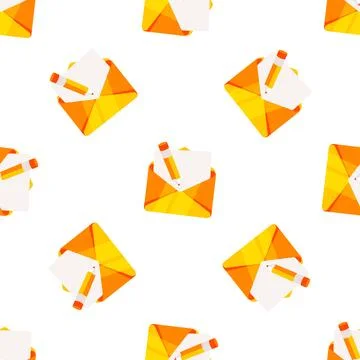 Seamless pattern of orange open envelopes with pencil and letter sticking out Stock Illustration