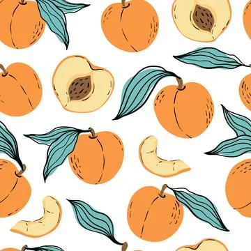 Seamless pattern with orange peaches and peach slices. Stock Illustration