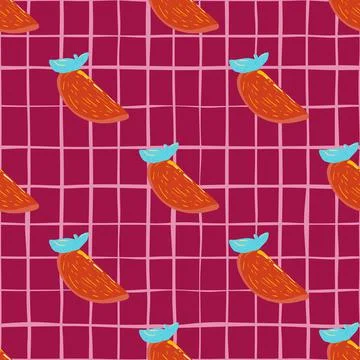 Seamless pattern with orange persimmons ornament. Pink chequered background.  Stock Illustration