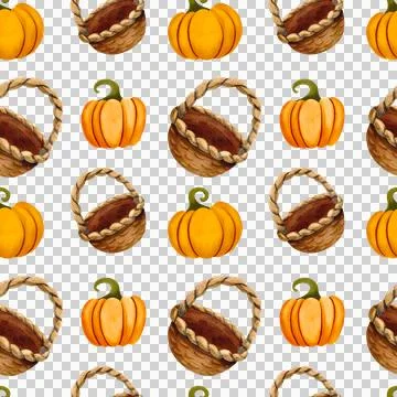 Seamless pattern with orange pumpkin and basket. Watercolor illustration Stock Illustration