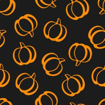 Seamless pattern with orange pumpkin. Black halloween design. Vector Stock Illustration