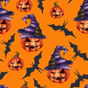 Seamless pattern orange pumpkin in a hat, bat on a yellow background. Halloween Stock Illustration