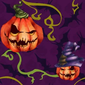 Seamless pattern orange pumpkin in a hat, bat. Sinister face on purple Stock Illustration