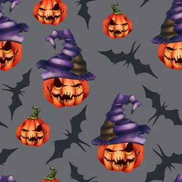 Seamless pattern orange pumpkin in a hat, bat on a grey background. Halloween Stock Illustration
