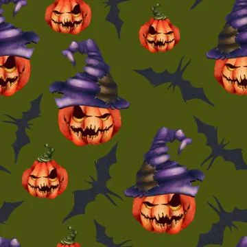 Seamless pattern orange pumpkin in a hat, bat on a green background. Halloween Stock Illustration