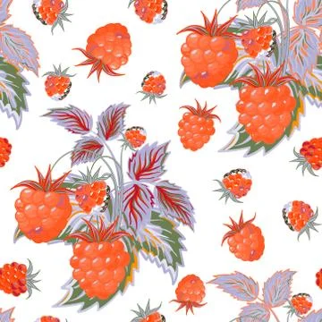 Seamless pattern with orange raspberries in cartoon style. Hand drawn design for Illustrazione stock