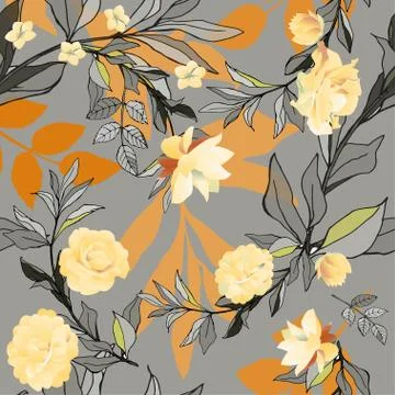 Seamless pattern with orange roses and lilys with leaves on a grey background Stock Illustration