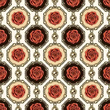 Seamless pattern with orange roses, gold chains Stock Illustration