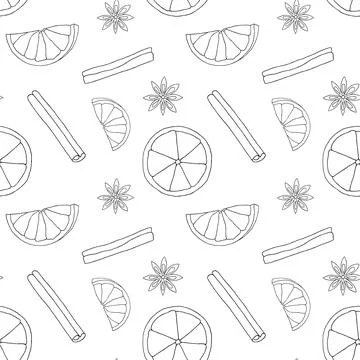 Seamless pattern with orange slices, cinnamon sticks and star anise. vector Illustrazione stock
