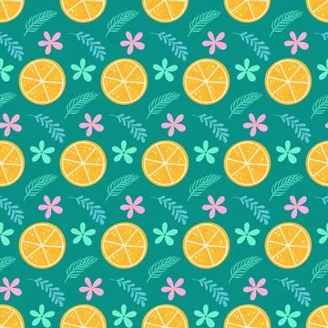 Seamless pattern with orange slices, flowers, and leaves on a teal background Stock Illustration