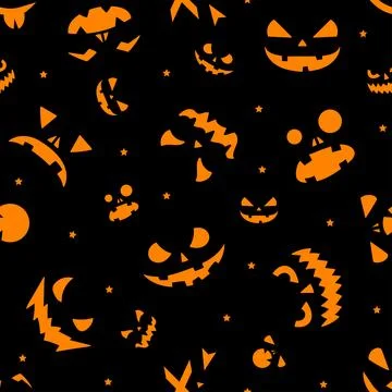 Seamless pattern with orange smiley pumpkins on a dark background. vector . Stock Illustration