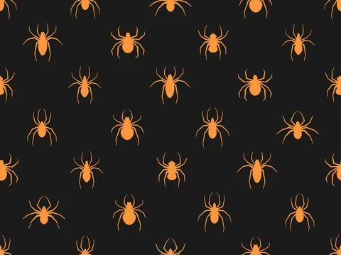 Seamless pattern with orange spiders on a black background. Halloween Illustrazione stock