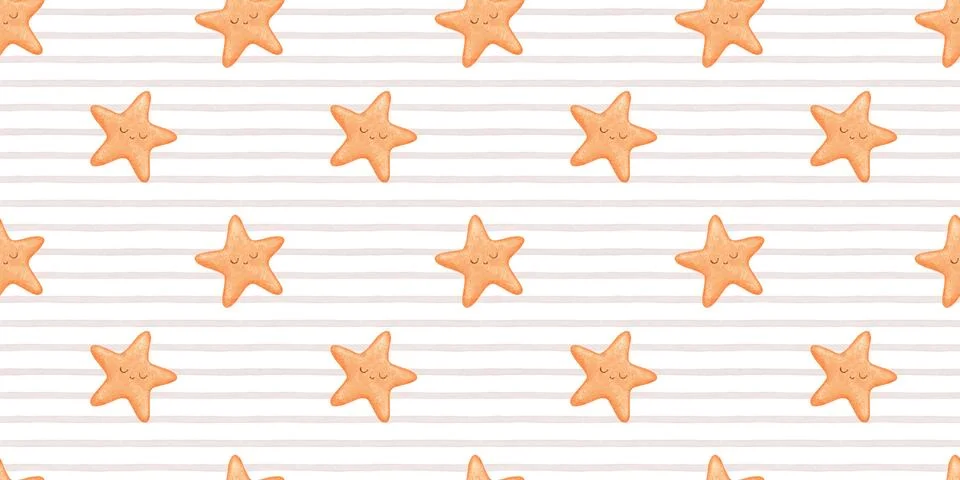 Seamless pattern with orange starfish, underwater world design, watercolor ha Stock Illustration