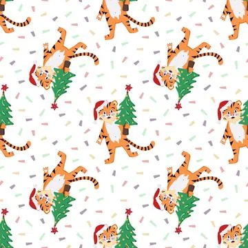Seamless pattern with an orange striped tiger cub in a red Santa Stock-Illustration