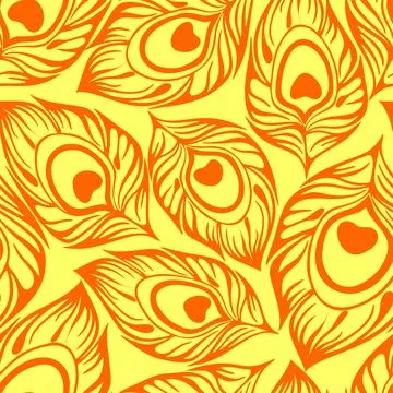 Seamless pattern of orange stylized peacock feathers on a yellow background.. Stock Illustration