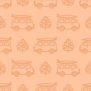Seamless pattern with orange tropical leaves and vans with surfboards Stock Illustration