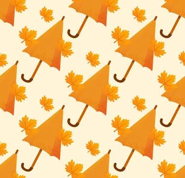 Seamless pattern with orange umbrellas and autumn leaves on beige backgroun.. Stock Illustration