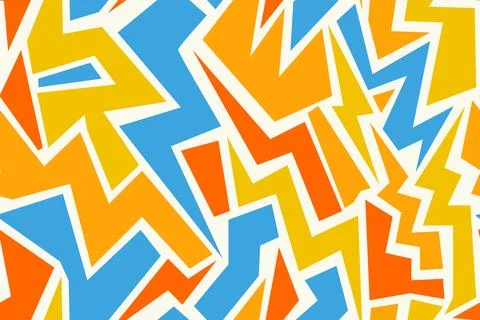 Seamless pattern with orange, yellow, and blue lightning bolt shapes on a b.. 库存插图